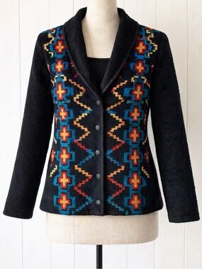 Tabask Alpaca Wool Handmade in Peru Black Southwestern Pattern Jacket Size S